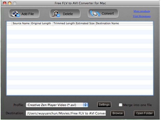 Screenshot of Free FLV to AVI Converter for Mac