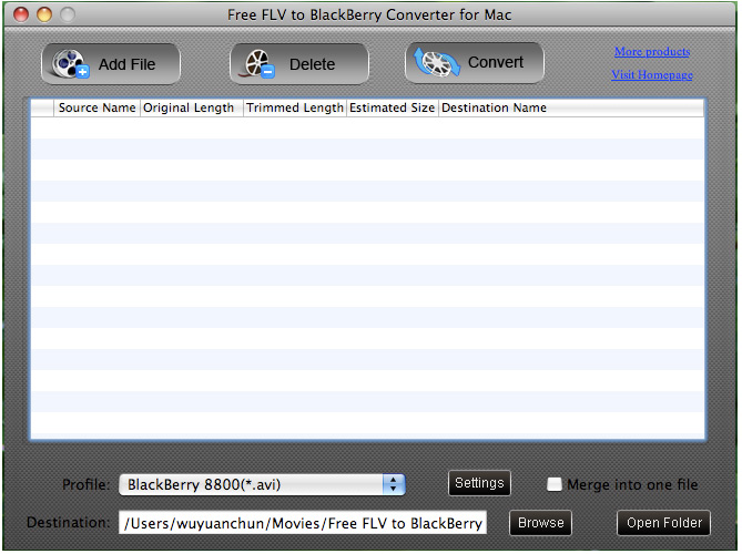 Screenshot of Free FLV to BlackBerry Converter for Mac