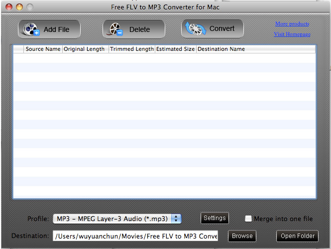 Screenshot of Free FLV to MP3 Converter for Mac