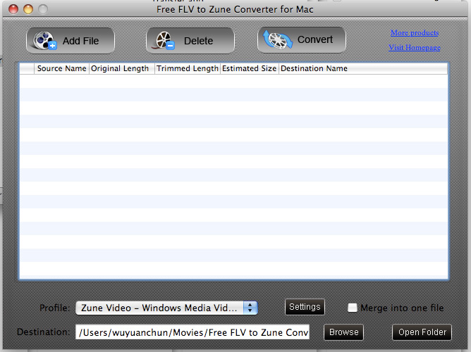 Screenshot of Free FLV to Zune Converter for Mac