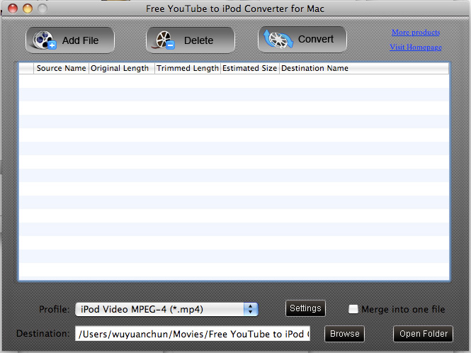 Screenshot of Free YouTube to iPod Converter for Mac
