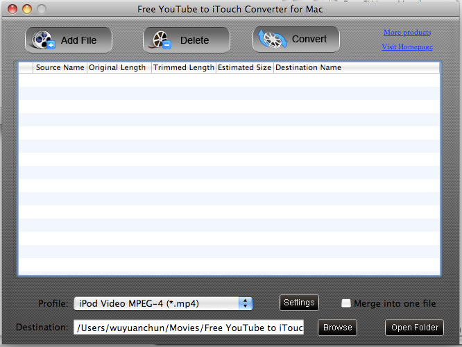 Screenshot of Free YouTube to iTouch Converter for Mac